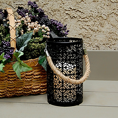 Black Jacquard Metal Lantern with LED Candle and Timer. View a larger version of this product image.