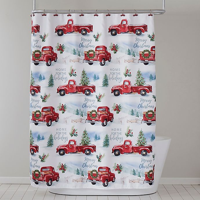 Forart Christmas Shower Curtain Set Vintage Red Truck Cloth Shower Curtains in Bath Red Retro Truck Car Bathroom Decor Xmas New Year Bathroom Accessories Set for Christmas Decoration