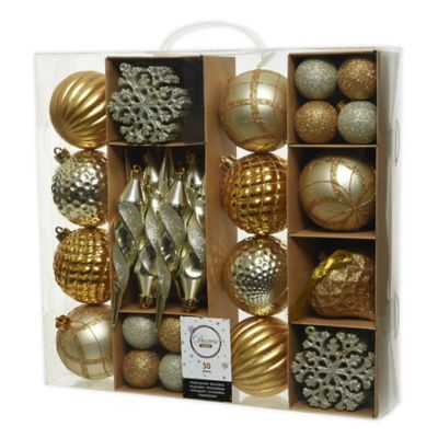 Baubles and Figures 50-Count Assorted Shatterproof Ornaments Set in Orange/Gold