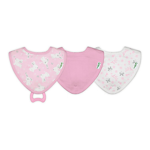 Alternate image 1 for green sprouts® 3-Pack Organic Cotton Muslin Stay-dry Teether Bibs in Pink Bunny 