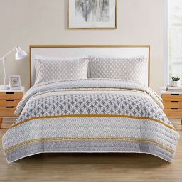 VCNY Home Sage Geometric Stripe 4-Piece Twin XL Quilt Set in Grey/Yellow