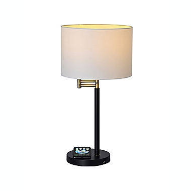 Adesso&reg; Swing Arm Qi Wireless Charging Table Lamp in Brass/Black with Drum Shade. View a larger version of this product image.
