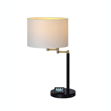 Adesso&reg; Swing Arm Qi Wireless Charging Table Lamp in Brass/Black with Drum Shade. View a larger version of this product image.