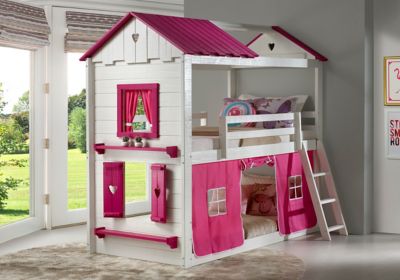 Sweetheart Twin Over Twin Bunk Bed with Tent Kit in White/Pink