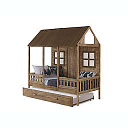 Porch Low Loft Twin Bed with Trundle in Rustic Driftwood