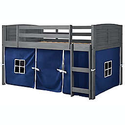 Louvered Twin Low Loft Bed in Antique Grey with Blue Tent Kit
