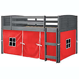 Louvered Twin Low Loft Bed in Antique Grey with Red Tent Kit