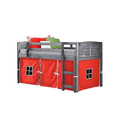 Louvered Twin Low Loft Bed in Antique Grey with Red Tent Kit. View a larger version of this product image.