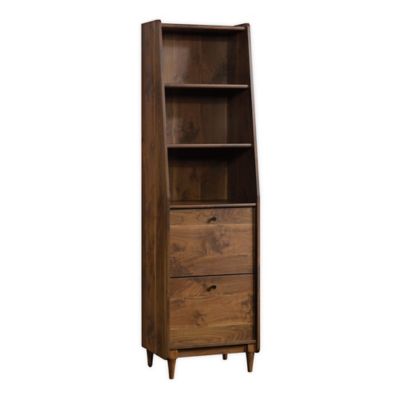 Modern Standard Bookcase Narrow Mid Century Bookshelf Walnut Wood 2 File Drawers 