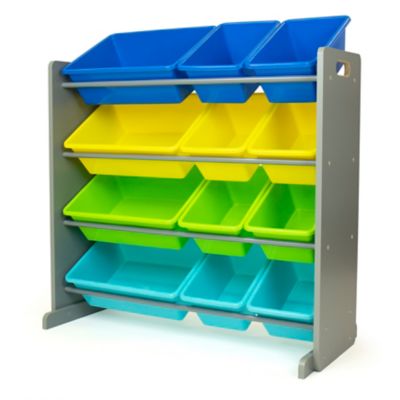 toy storage organizer with 12 plastic bins