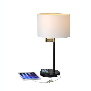 Adesso&reg; Swing Arm Qi Wireless Charging Table Lamp in Brass/Black with Drum Shade. View a larger version of this product image.