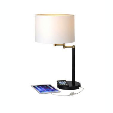Adesso&reg; Swing Arm Qi Wireless Charging Table Lamp in Brass/Black with Drum Shade. View a larger version of this product image.