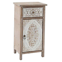 Luxen Home Floral Carved Wood 1-Door Accent End Table in White