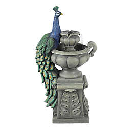 Luxen Home Resin Peacock Sculpture and Tiered Urns Outdoor Patio Fountain with LED Light