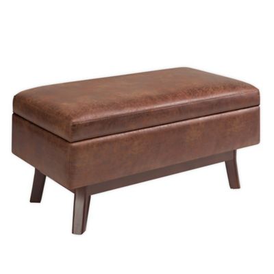 Owen 36 inch Wide Mid Century Modern Rectangle Small Rectangular Storage Ottoman in Distressed Saddle Brown Vegan Faux Leather