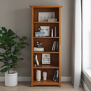 Simpli Home Amherst Solid Wood 5 Shelf Bookcase in Light Golden Brown. View a larger version of this product image.