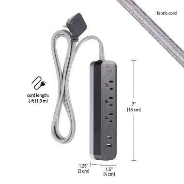 Globe Electric Designer Series 6-ft 3-Outlet 2-USB Surge Protector Power Strip in Grey Charcoal. View a larger version of this product image.
