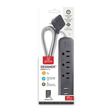 Globe Electric Designer Series 6-ft 3-Outlet 2-USB Surge Protector Power Strip in Grey Charcoal. View a larger version of this product image.