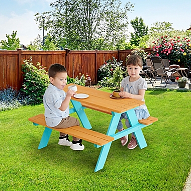 Teamson Kids Wood Picnic Table &amp; Chair Set in Natural/Aqua. View a larger version of this product image.