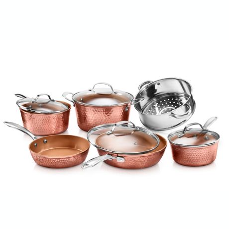 Details about   10 Piece Premium Cookware Set Hammered w/ Triple Coated Nonstick Copper Surface 