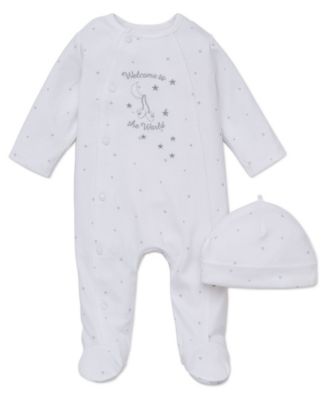 Little Me&reg; Newborn 2-Piece &quot;Welcome to the World&quot; Footie and Hat Set in White
