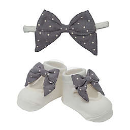 So' Dorable Grey Bow White Dot Headband and Bootie Set