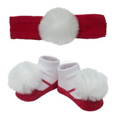 So&#39; Dorable Red and White Pom Headband and Bootie Set