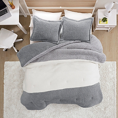 Intelligent Design Arlow 3-Piece Color Block Sherpa Full/Queen Comforter Set in Grey/Ivory. View a larger version of this product image.