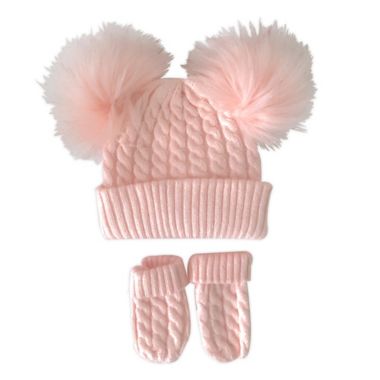 NYGB&reg; Infant 2-Piece Double Pom Hat and Mitten Set in Pink. View a larger version of this product image.