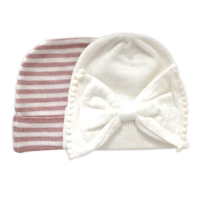 NYGB&trade; 2-Pack Trimmed Bow and Solid Knit Hats in Ivory/Pink