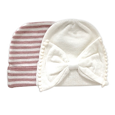 NYGB&trade; 2-Pack Trimmed Bow and Solid Knit Hats in Ivory/Pink. View a larger version of this product image.