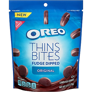OREO Thins Bites 3.1 oz. Fudge Dipped Chocolate Sandwich Cookies. View a larger version of this product image.