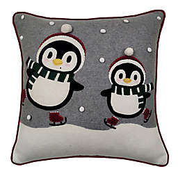 Winter Wonderland Two Skating Penguins Square Throw Pillow in Grey/Red