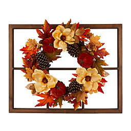 Glitzhome® Rectangular Window Frame with Autumn Magnolia Mix Wreath in Orange
