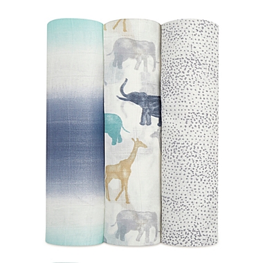 aden + anais&trade; Silky Soft 3-Pack Expedition Swaddle Blankets in Grey/Blue. View a larger version of this product image.