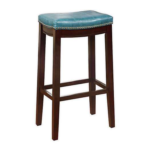 32 Inch Faux Leather Bar Stool In Blue, Blue Faux Leather Bar Stools