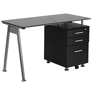 Flash Furniture Black Glass Computer Desk with 3-Drawer Pedestal. View a larger version of this product image.