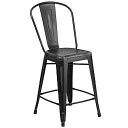 Flash Furniture Distressed Metal Indoor/Outdoor Counter Stool with Back in Black
