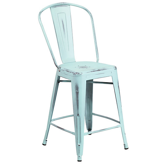 Alternate image 1 for Flash Furniture Distressed Metal Indoor/Outdoor Counter Stool with Back in Dream Blue