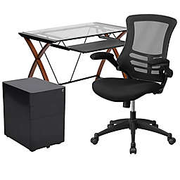 Flash Furniture 3-Piece Glass Desk, Mesh Office Chair, and Filing Cabinet Set