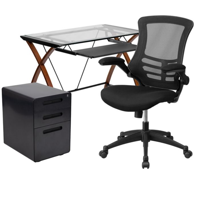 Flash Furniture 3 Piece Glass Desk Mesh Office Chair And Filing Cabinet Set Bed Bath Beyond