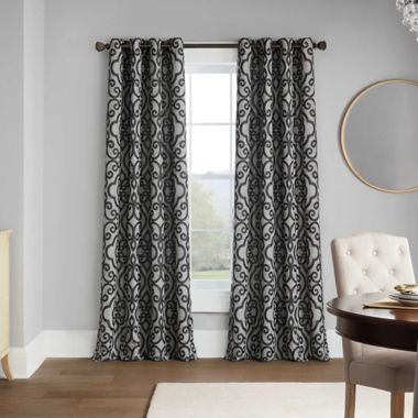 Casual Luxe Talya Scroll 84-Inch Grommet Room Darkening Curtain Panel in Pewter (Single). View a larger version of this product image.