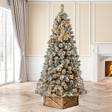Glitzhome&reg; 7.5-Foot Artificial Spruce Pre-Lit Snow Flocked Christmas Tree in Green. View a larger version of this product image.