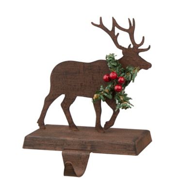 Stag Head Deer Antlers Rosy Red 8x4.5" Iron Metal Christmas Stocking Holder 