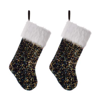 Christmas Decorative Stocking Faux Fur Trim Silver And White Sequins 22” New 