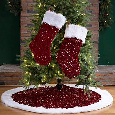 Glitzhome&reg; 3-Piece Sequinned Stocking and Tree Skirt Set in Red/Blue. View a larger version of this product image.