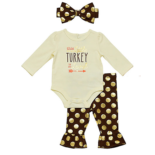 Alternate image 1 for Baby Starters® 3-Piece Turkey Bodysuit, Pant and Headband Set in Gold