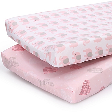 The Peanutshell&trade; 2-Pack Hearts/Elephants Changing Pad Covers in Pink/Grey. View a larger version of this product image.