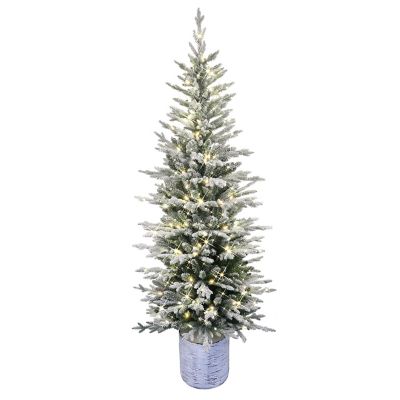 Puleo International 6' Pre-Lit Potted Flocked Arctic Fir Pencil Artifical Christmas Tree with 120 Warm White LED Lights