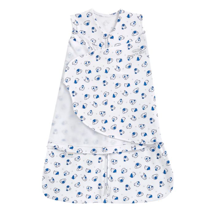 HALO® SleepSack® Doggy Adjustable Swaddle in White/Blue Bed Bath and